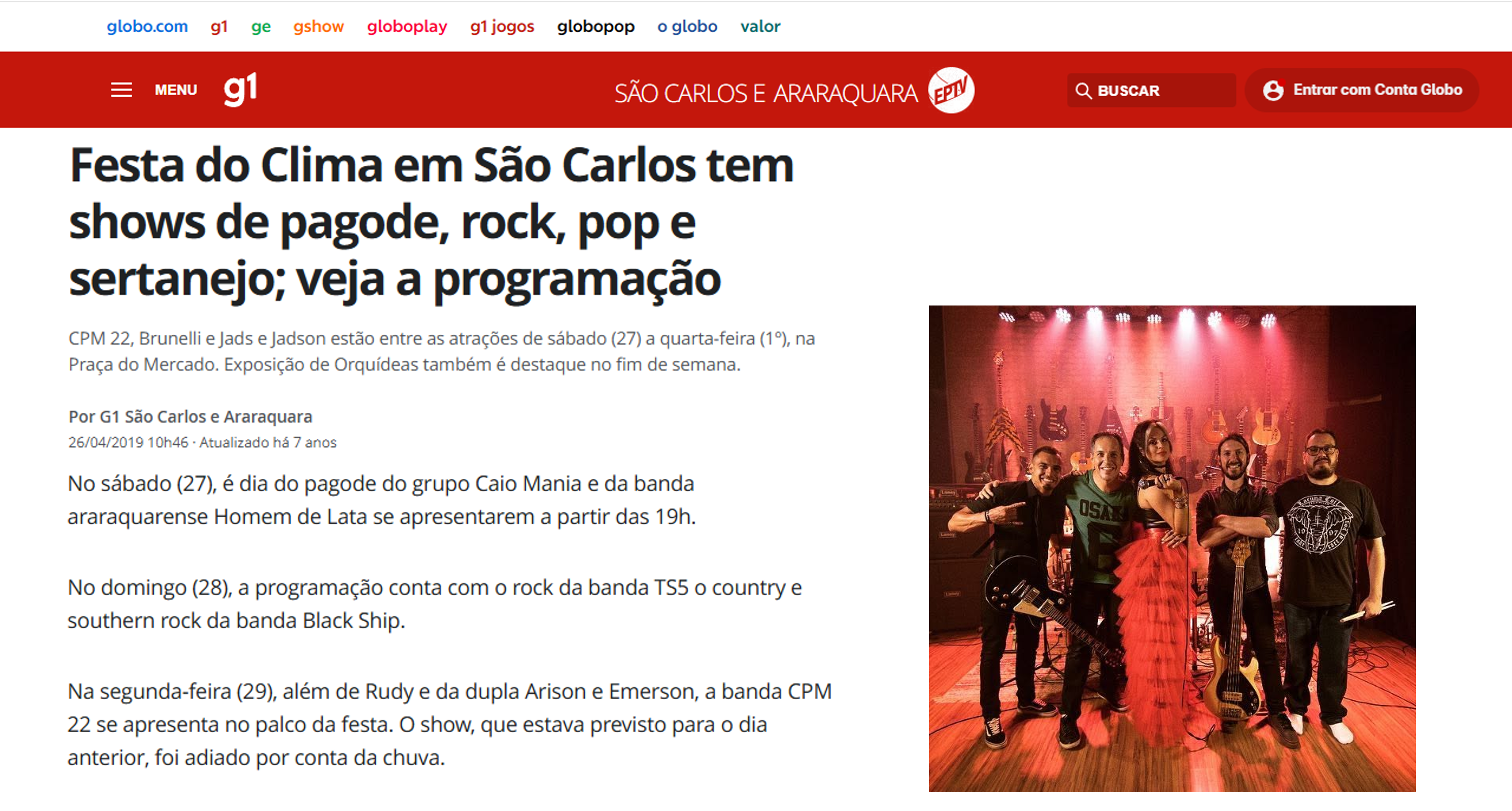 Matéria do G1: Festa do Clima em São Carlos tem shows de pagode, rock, pop e sertanejo